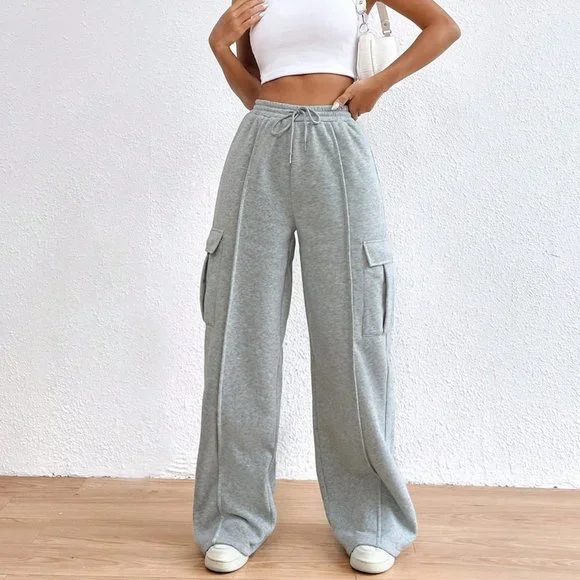 Light Grey Casual Womens Flap Pocket Side Drawstring Waist Sweatpants - Picture 4 of 6